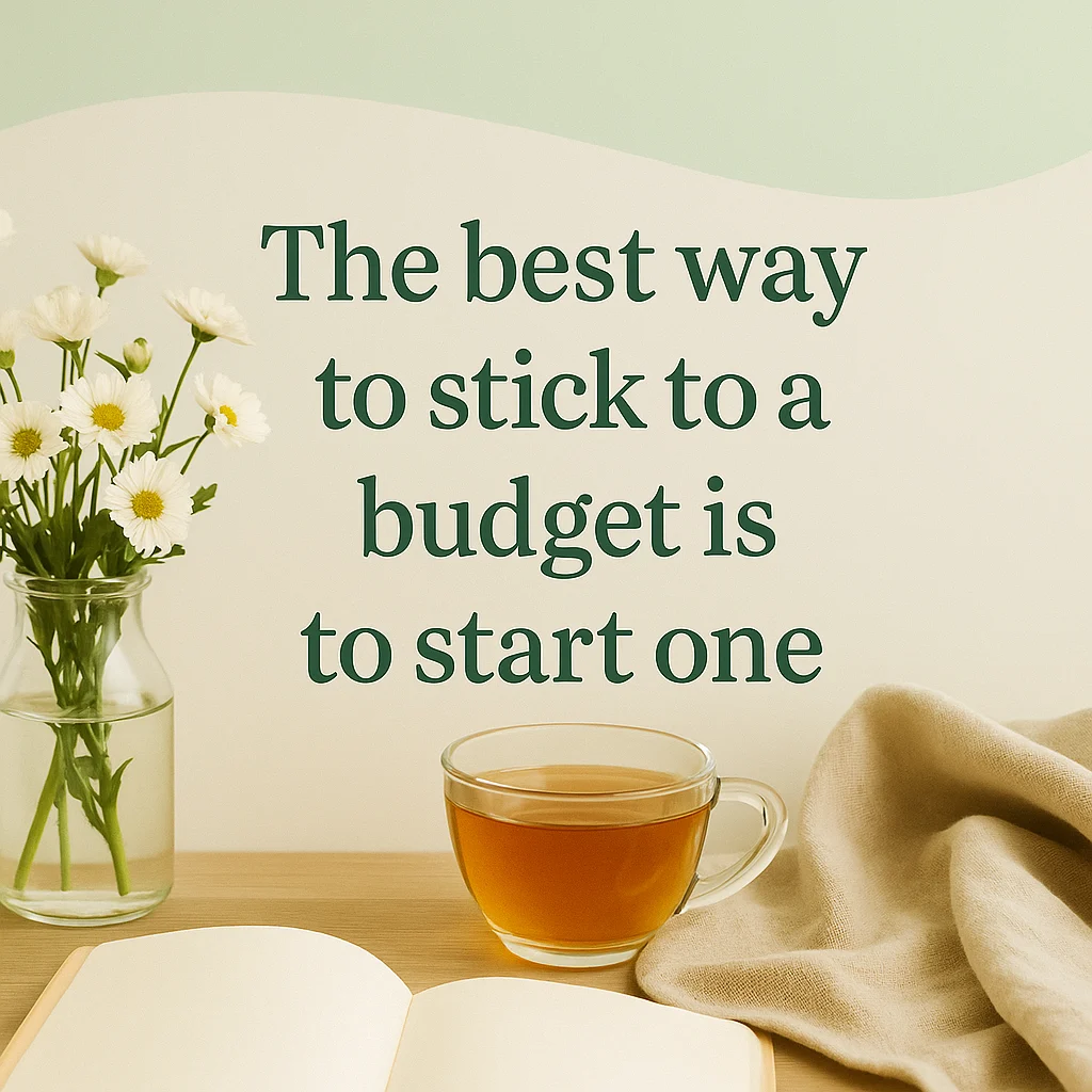 Motivational quote about budgeting with a flowers and tea on a desk.
